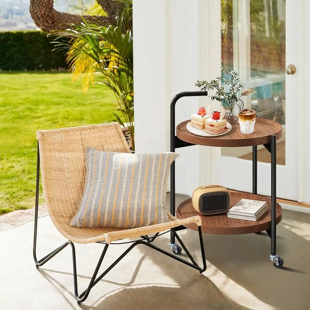 عربة تقديم وضيافة متحركة (طاولة دائرية برفين) - خشب ومعدن | الدفع عند الاستلام