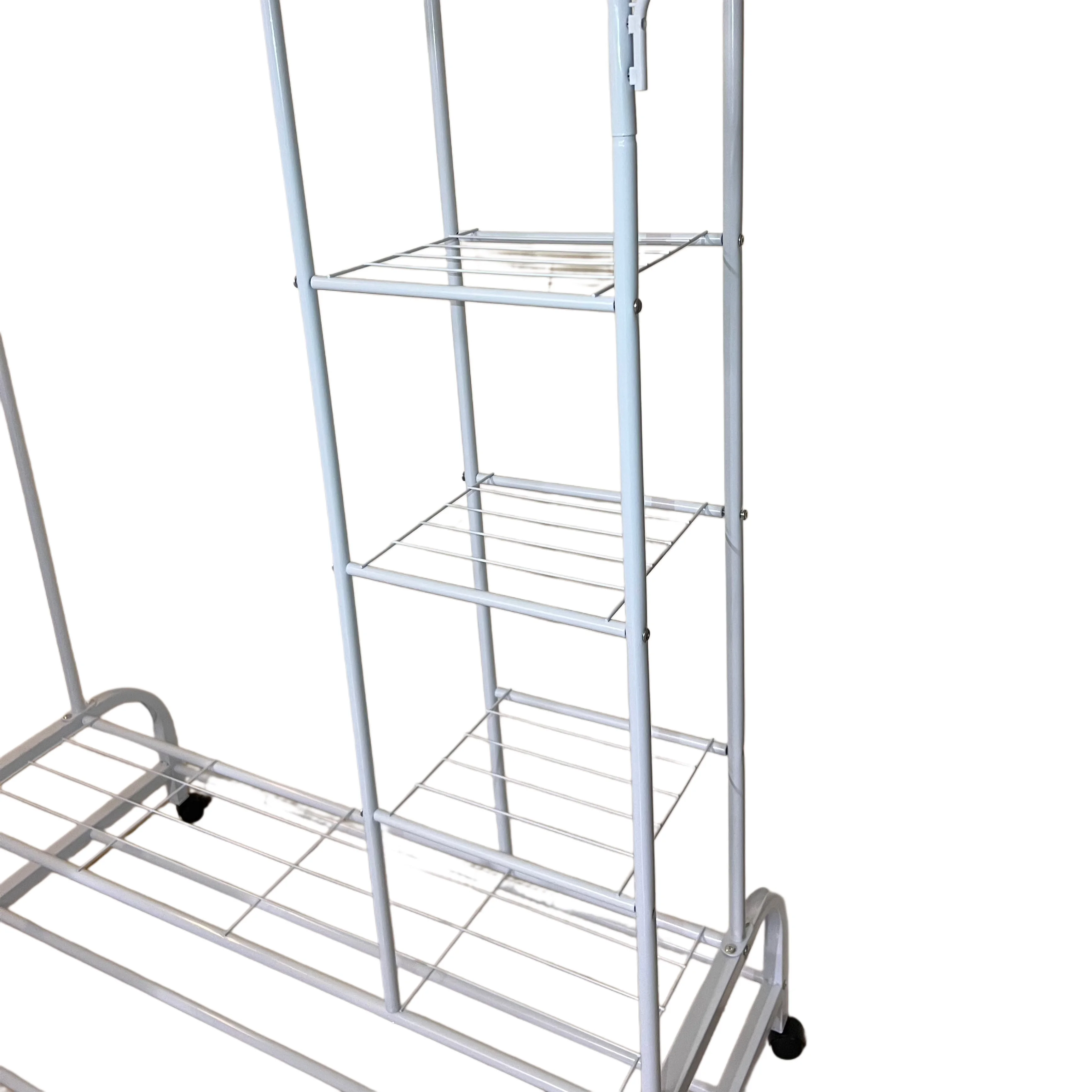 حامل ملابس مزدوج بعمودين و4 رفوف جانبية – سعة 88 كغم بعجلات قابلة للقفل