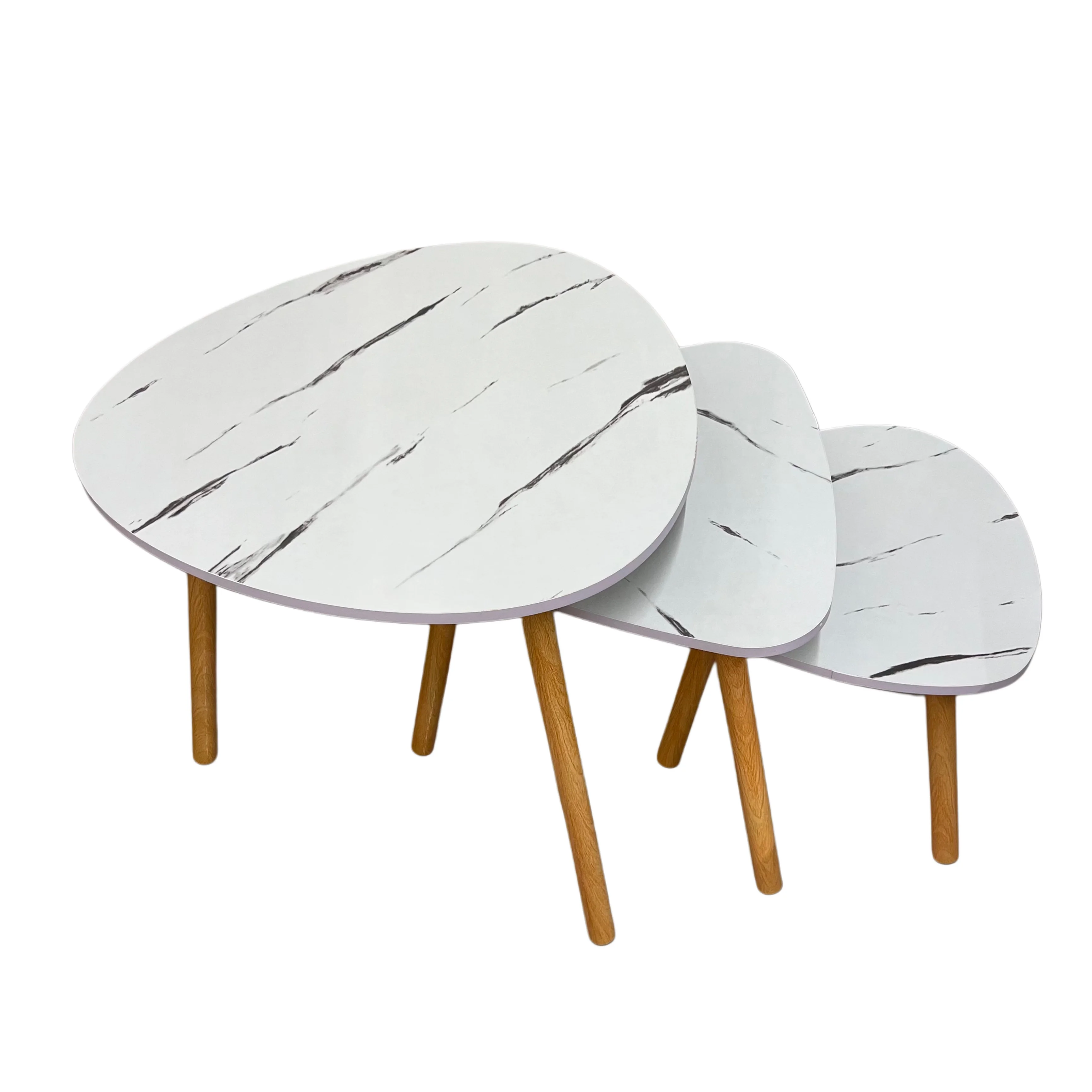طقم طاولات رخامي متداخل 3 قطع – أرجل خشبية، تصميم عصري، أبيض مع عروق سوداء