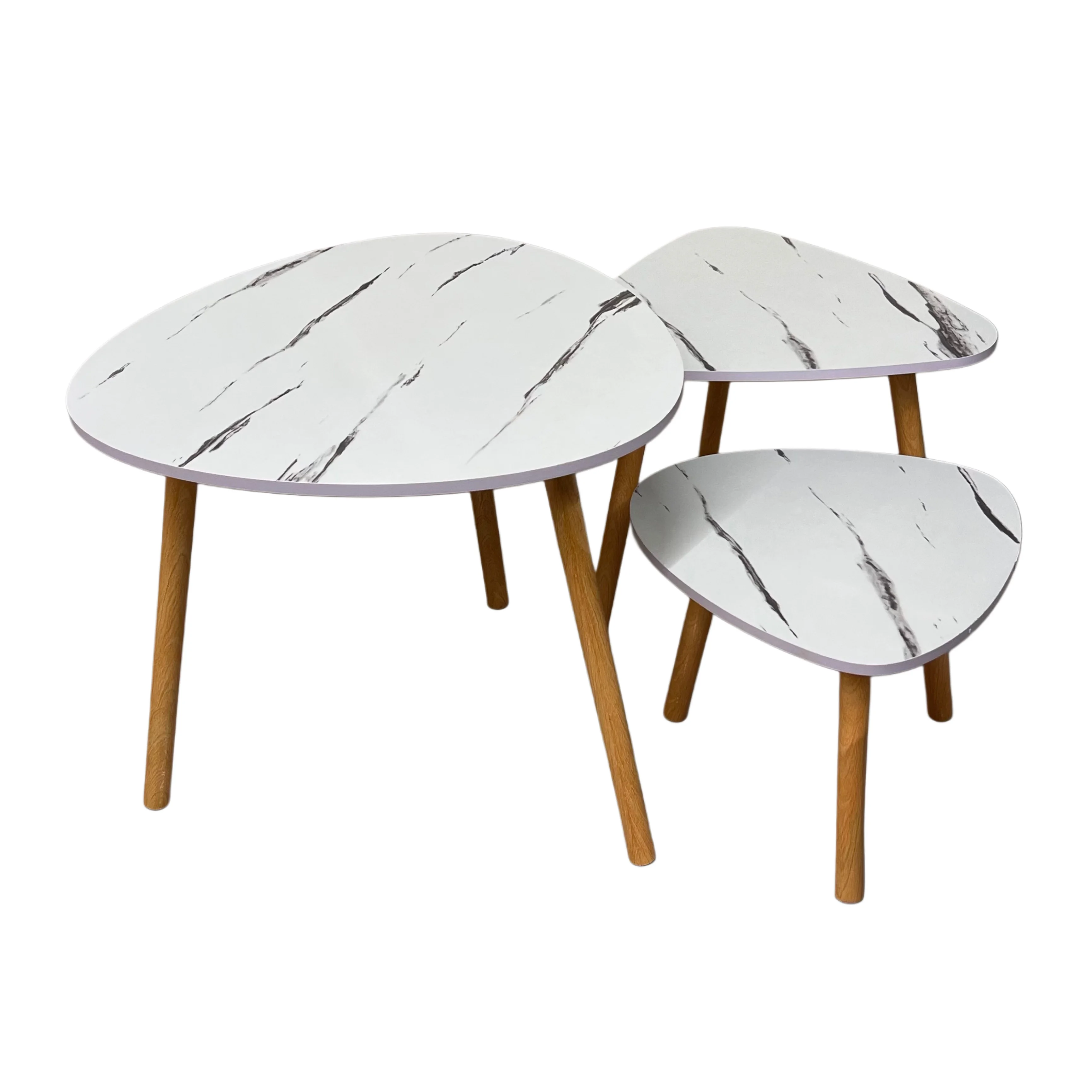 طقم طاولات رخامي متداخل 3 قطع – أرجل خشبية، تصميم عصري، أبيض مع عروق سوداء