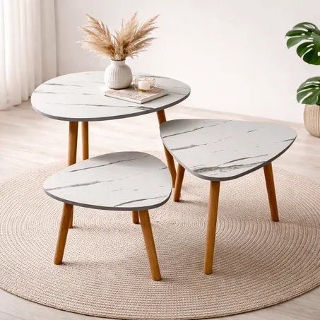 طقم طاولات رخامي متداخل 3 قطع – أرجل خشبية، تصميم عصري، أبيض مع عروق سوداء