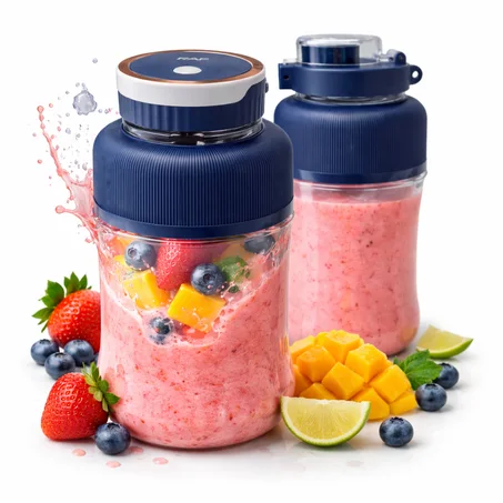 خلاط عصائر محمول بالشحن – 80 واط، 10 شفرات ستانلس ستيل، بطارية 1300 مللي أمبير، كوبان 1000/400 مل