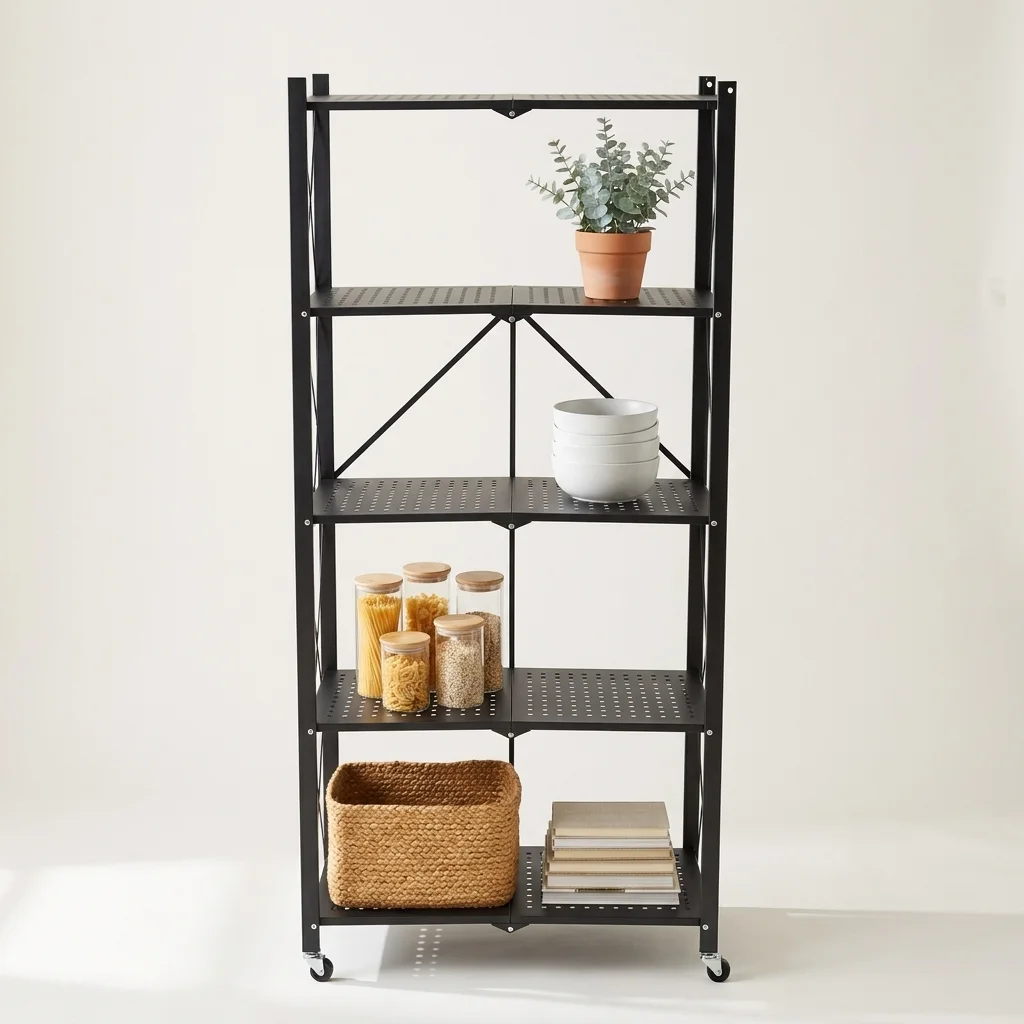 رف تخزين معدني قابل للطي 5 طبقات بعجلات