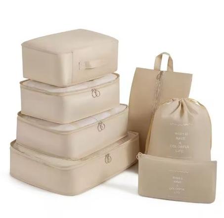 منظم شنط السفر، مكعبات تعبئة للسفر، مجموعة من 9 قطع مع شنطة ادوات الزينة وشنطة تخزين مضغوطة لتخزين الاحذية والملابس الداخلية (كاكي)، البوليستر، من ساينيش