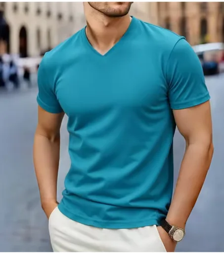 تيشيرت رجالي جديد لعام 2025، بتصميم كاجوال بسيط، بياقة على شكل حرف V وأكمام قصيرة، مناسب لفصل الصيف، مريح، يسمح بمرور الهواء، متعدد الاستخدامات