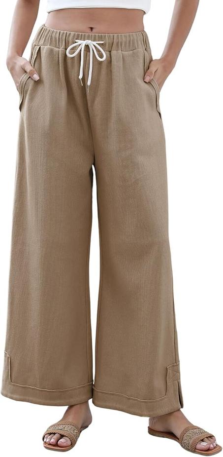 Athlisan Pantalones palazzo holgados de pierna ancha para mujer, estilo casual, holgados, con cordón, cintura elástica, con bolsillos