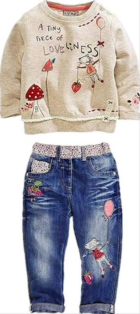 LUKYCILD Conjunto de ropa de 2 piezas para niña pequeña, camiseta de manga larga + pantalones de mezclilla con bolsillos, conjunto de ropa de dibujos animados