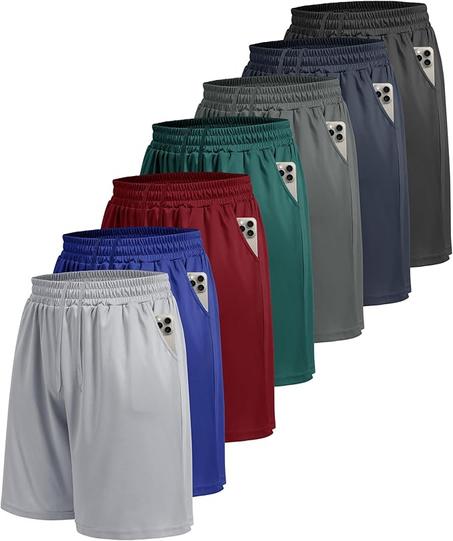 Paquete de 7 pantalones cortos deportivos para hombre, para gimnasio, baloncesto, correr, entrenamiento, secado rápido, pantalones cortos negros con bolsillos para un rendimiento casual