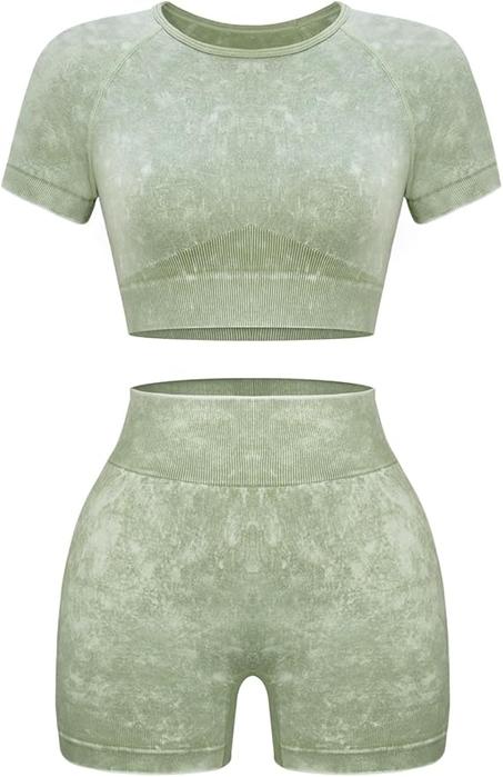OLCHEE - Conjuntos de entrenamiento de 2 piezas para mujer, sin costuras, lavado ácido, pantalones cortos y ombliguera a juego para practicar yoga e ir al gimnasio