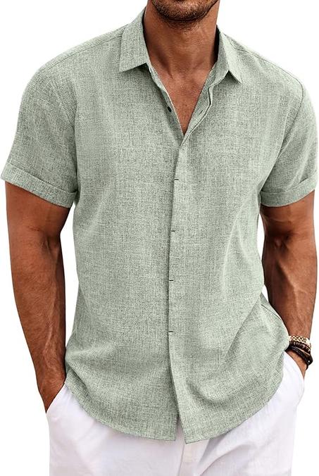 COOFANDY - Camisas de lino para hombre, camisas informales de manga corta con botones para hombre, camisa de playa de verano para boda