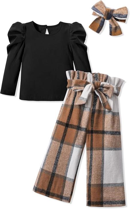 MIGU Ropa de niña pequeña, ropa de moda para niñas, mangas abombadas, pantalones, diadema, 3 piezas, conjuntos de regalo para niñas