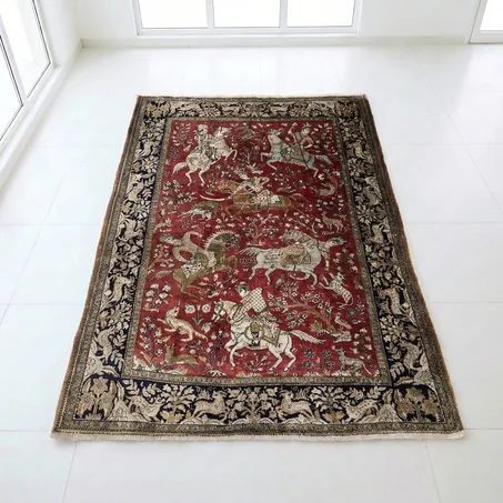 Tapis Ghom d'Iran en Soie – Motif "Scène de Chasse" (160 × 110 cm)