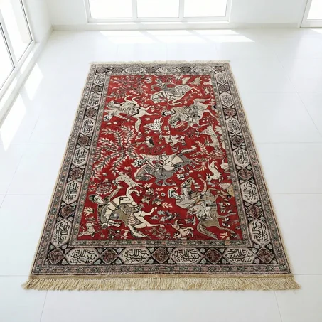 Tapis Ghom d'Iran – Motif Scène de Chasse "Shikargah" (150 × 100 cm)