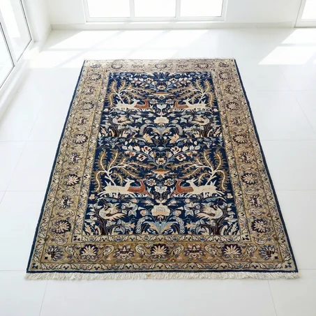 Tapis Ghom en Soie Naturelle – Motif Animalier et Chasse (165 × 105 cm)