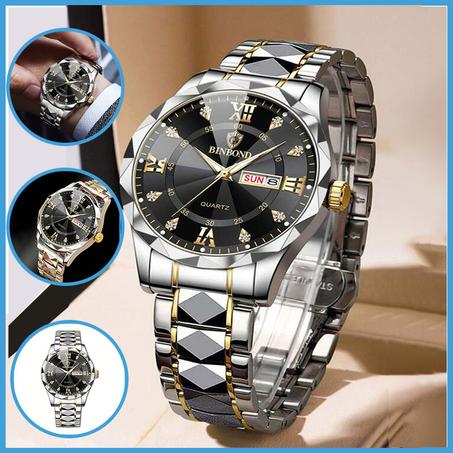 BINBOND Original Men’s Luxury Stainless Steel Waterproof Quartz Wrist Watch - Silver Black