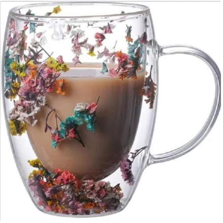 Tasses En Verre À Double Paroi De Fleurs - Tasses À Café En Verre À Double Paroi De Fleurs Séchées De 300 Ml Avec Poignée