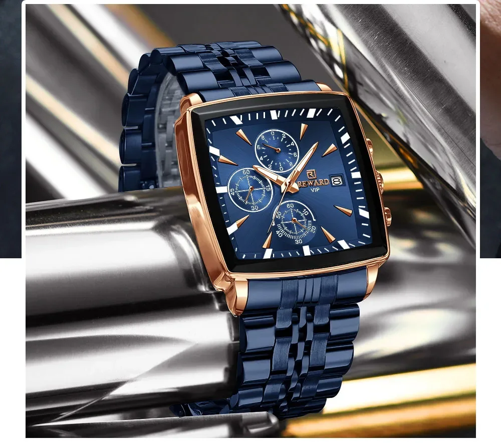 Luxury Men's Waterproof Watch - REWARD RD81100M Square Stainless Steel Strap, Quartz Movement, 30M Water Resistant Wristwatch