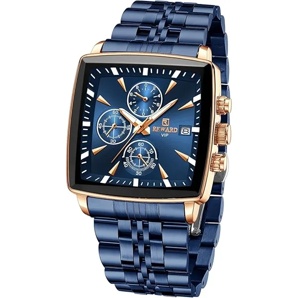 Luxury Men's Waterproof Watch - REWARD RD81100M Square Stainless Steel Strap, Quartz Movement, 30M Water Resistant Wristwatch
