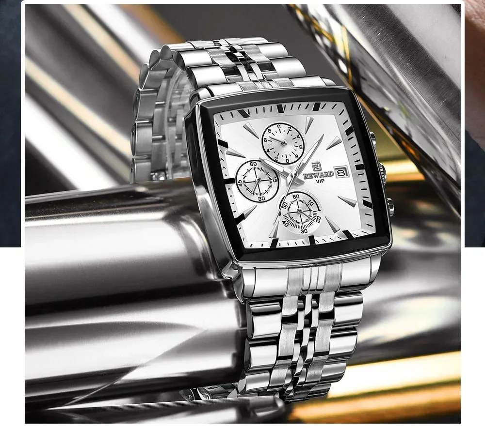 Luxury Men's Waterproof Watch - REWARD RD81100M Square Stainless Steel Strap, Quartz Movement, 30M Water Resistant Wristwatch
