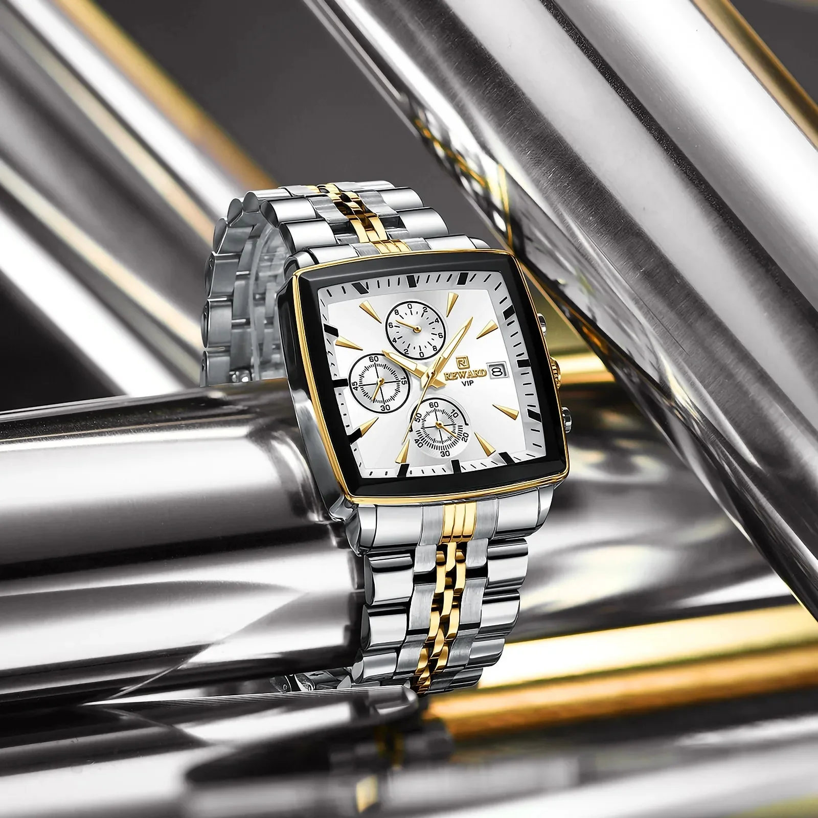 Luxury Men's Waterproof Watch - REWARD RD81100M Square Stainless Steel Strap, Quartz Movement, 30M Water Resistant Wristwatch