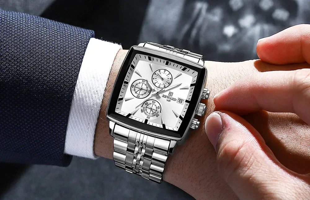 Luxury Men's Waterproof Watch - REWARD RD81100M Square Stainless Steel Strap, Quartz Movement, 30M Water Resistant Wristwatch