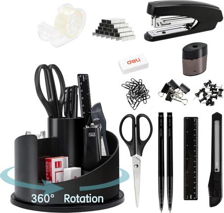 deli Juego de suministros de oficina, 1045 piezas, kit organizador de accesorios de escritorio, juego de grapadoras, soporte giratorio multifuncional para bolígrafos, dispensador de cinta, bo
