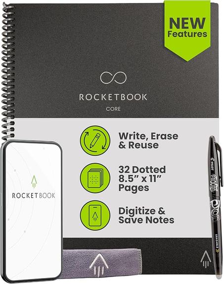 Rocketbook New Core - Cuaderno de espiral reutilizable, tamaño carta de 8.5 x 11 pulgadas, páginas punteadas, conectadas a la aplicación, borrable, cubierta duradera, ideal para la escuela, e