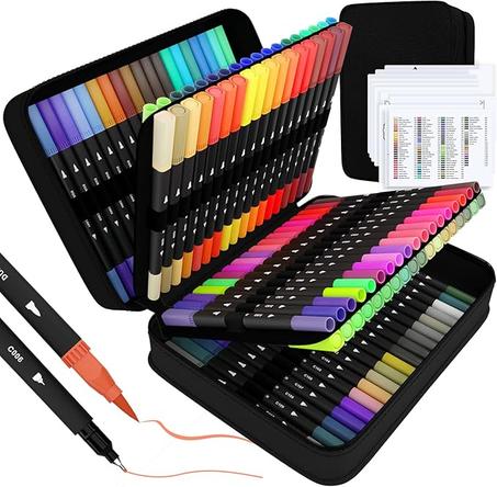 Art Supplier - Marcadores de doble pincel, juego de 110 marcadores para colorear, punta fina y punta de pincel con estuche de primera calidad para adultos libros de colorear y diario para