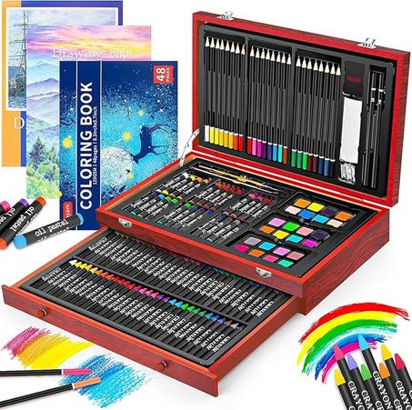iBayam Suministros de arte, paquete de 150 piezas de arte de madera de lujo, kit de pintura para manualidades con 2 blocs de bocetos, 1 libro para colorear, caja de regalo para niños, adultos