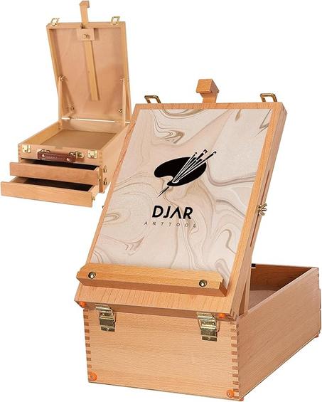 DJAR Caja de bocetos grande con almacenamiento de 3 cajones, caballete de escritorio ajustable de madera de haya para pintar, caballete de mesa de madera portátil para lienzo, dibujo, suminis