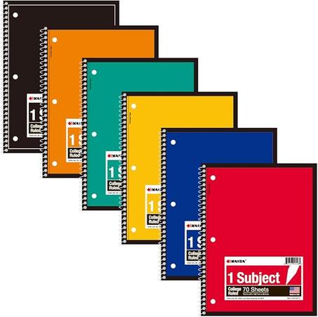 KAISA 70 hojas de 1 materia cuaderno espiral encuadernado con alambre, cuadernos de espiral con rayas universitarias de 10.5 x 8 pulgadas para estudiantes escolares, oficina, paquete de 6 blo