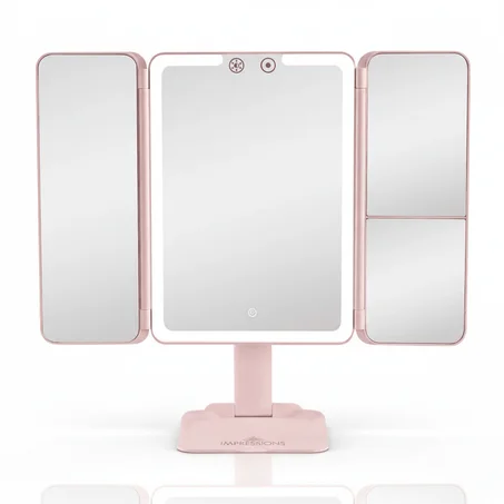 مرآة مكياج LED ثلاثية قابلة للطي مع تكبير 3x و5x – لون وردي
