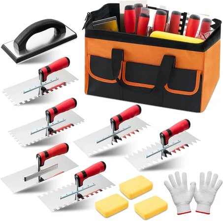 Juego de 12 herramientas de paleta de azulejos, incluye 6 paletas de azulejos con muescas de acero inoxidable, 1 flotador de lechada de goma, 1 bolsa de herramientas, 1 par de guantes de