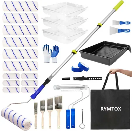 Kit de Rodillos de Pintura de 33 Piezas con Poste de Extensión | Poste de 2–4 Pies | Rodillos de Pintura de 9" y 4" | Bolsa de Transporte | 4 Pinceles y Cinta | Suministros de Pintura