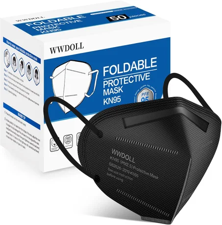 WWDOLL - Mascarillas KN95, 50 unidades, 5 capas transpirables, con cinta elástica para las orejas y clip de puente nasal, protección respiratoria, desechable, contra PM2.5, color negro