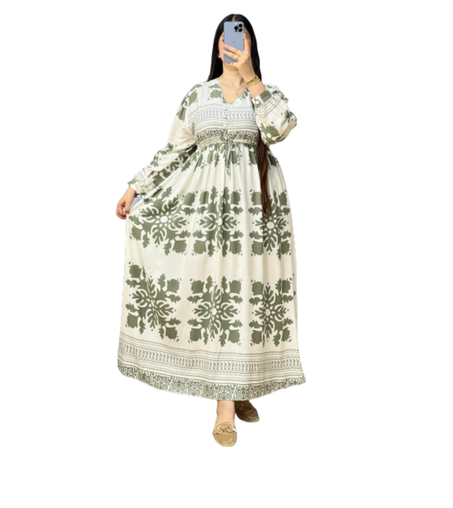 فستان ماكسي مطبوع بزخارف شرقية – خيط مريح بعدة ألوان