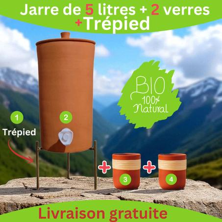 Jarre ( Khabya ) 5L + 2 Verres XL + Trépied offert – Terre cuite sans plomb & Livraison gratuite