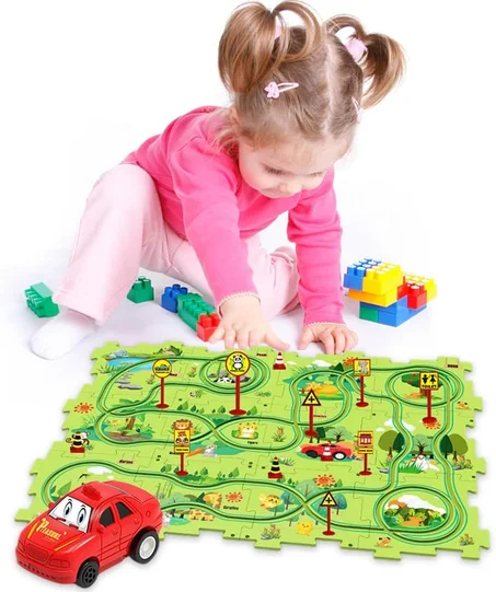 مجموعة ألعاب مسار الألغاز للأطفال ، سيارة تعليمية تفاعلية ، تدريب بمحرك دقيق مع مركبات
