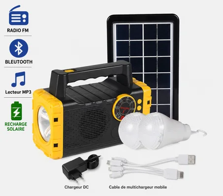Kit Solaire Multifonction Portable – Radio FM, Bluetooth, MP3 & Charge Mobile