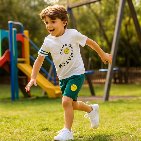 طقم رياضي عصري للأطفال - تيشيرت وشورت بطبعة كرة التنس