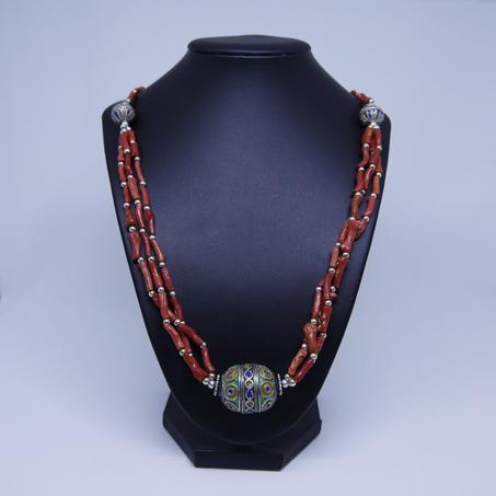 Triple strand necklace with antique silver Moroccan enamelled egg