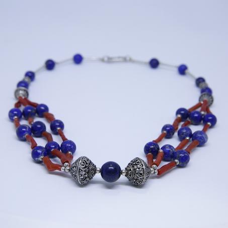 Triple Strand Coral and Lapis Azuli Necklace