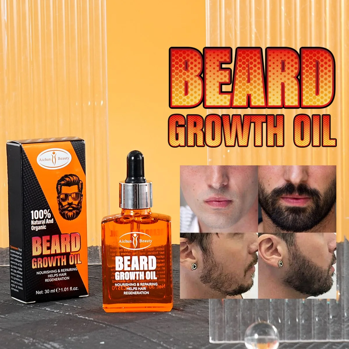 Huile de Croissance Barbe et Cheveux Aichun Beauty — Soin Bio contre la Calvitie et les Zones Clairsemées | Barbe Dense, Poils Régénérés | 30ml