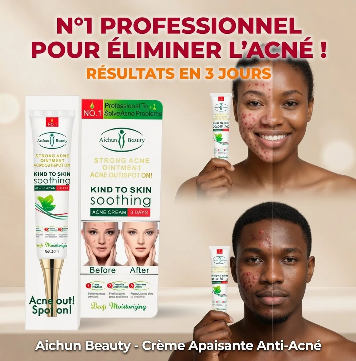 Crème anticernes, anti-poches, anti-rides éclaicissante Anti-Acné Aichun Beauty — Soin Dermatologique aux Extraits de Plantes, Tube 20g