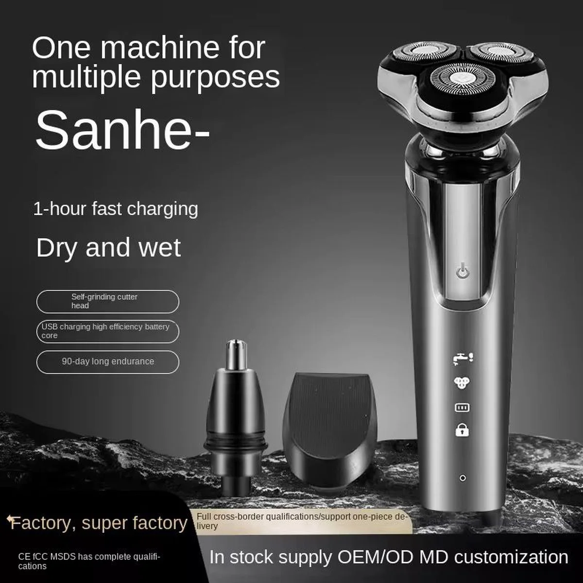 Rasoir Electrique Rotatif Homme 3 Têtes Flottantes — Etanche IPX7, Rasage Sec & Humide, Batterie 1200mAh, Affichage LED