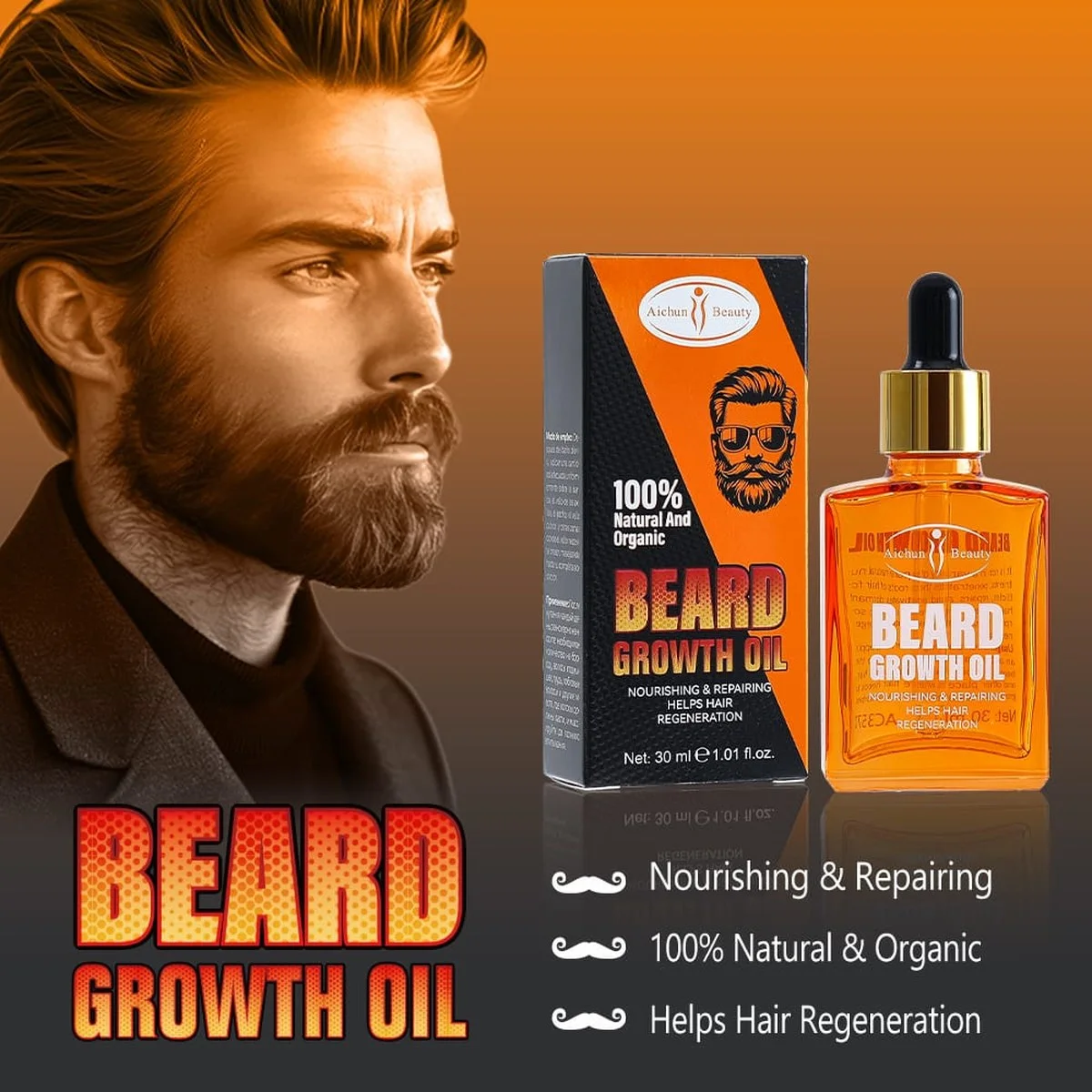 Huile de Croissance Barbe et Cheveux Aichun Beauty — Soin Bio contre la Calvitie et les Zones Clairsemées | Barbe Dense, Poils Régénérés | 30ml