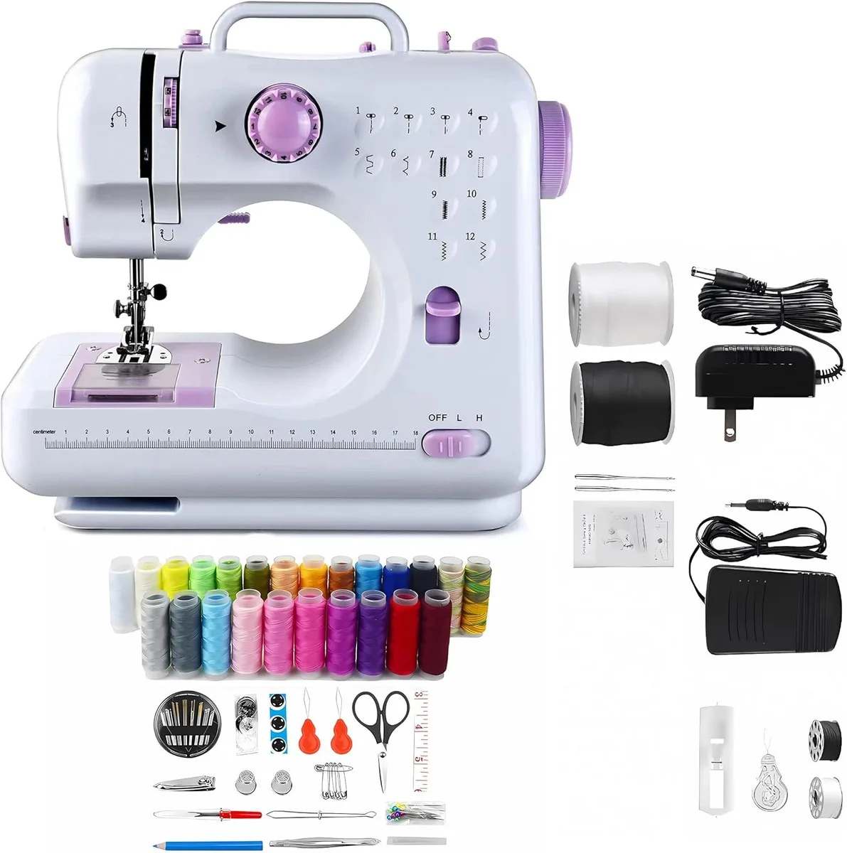 Machine à Coudre Electrique Multifonction — 12 Points Intégrés, 2 Vitesses, Pédale, Kit Complet d'Accessoires — Idéale Débutants