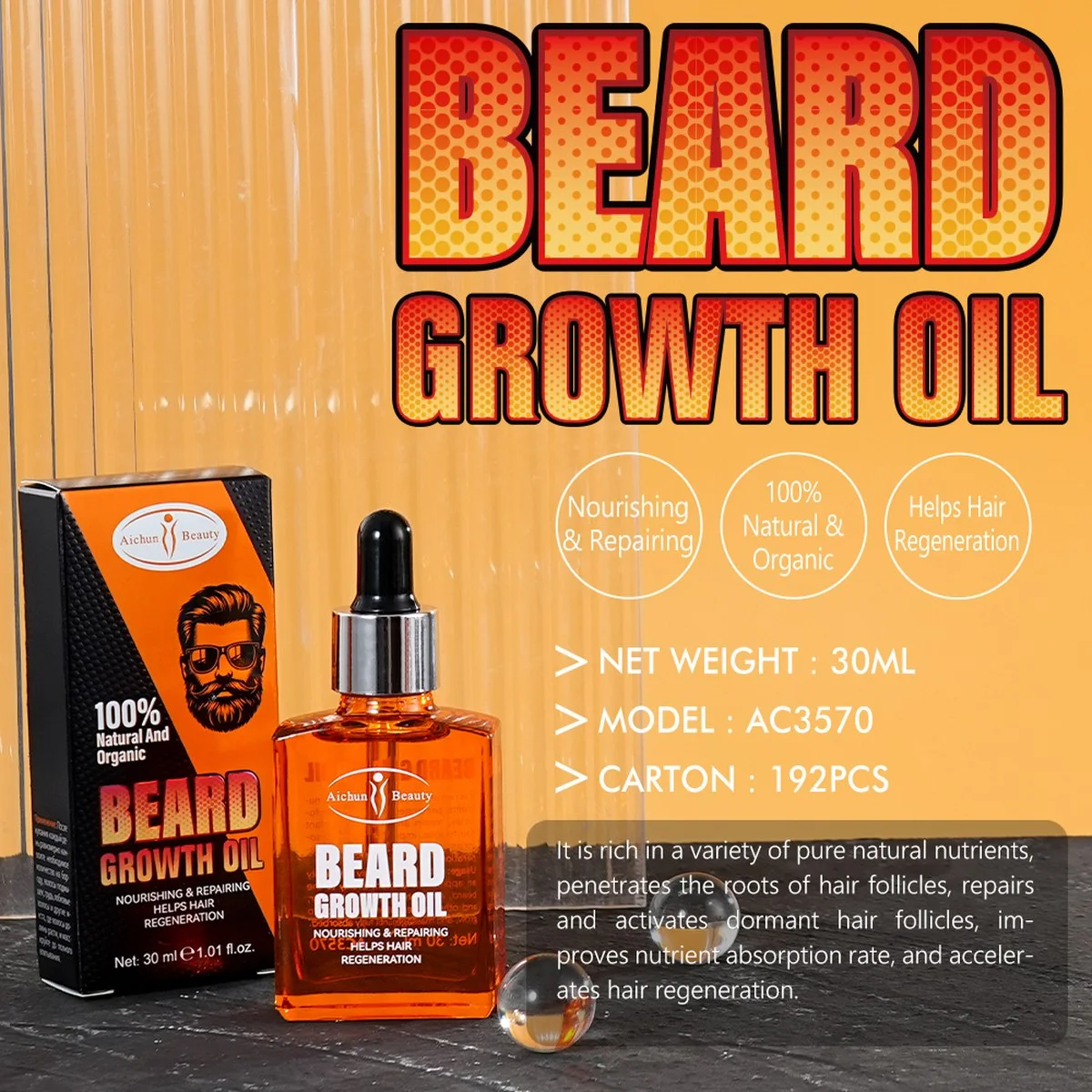 Huile de Croissance Barbe et Cheveux Aichun Beauty — Soin Bio contre la Calvitie et les Zones Clairsemées | Barbe Dense, Poils Régénérés | 30ml