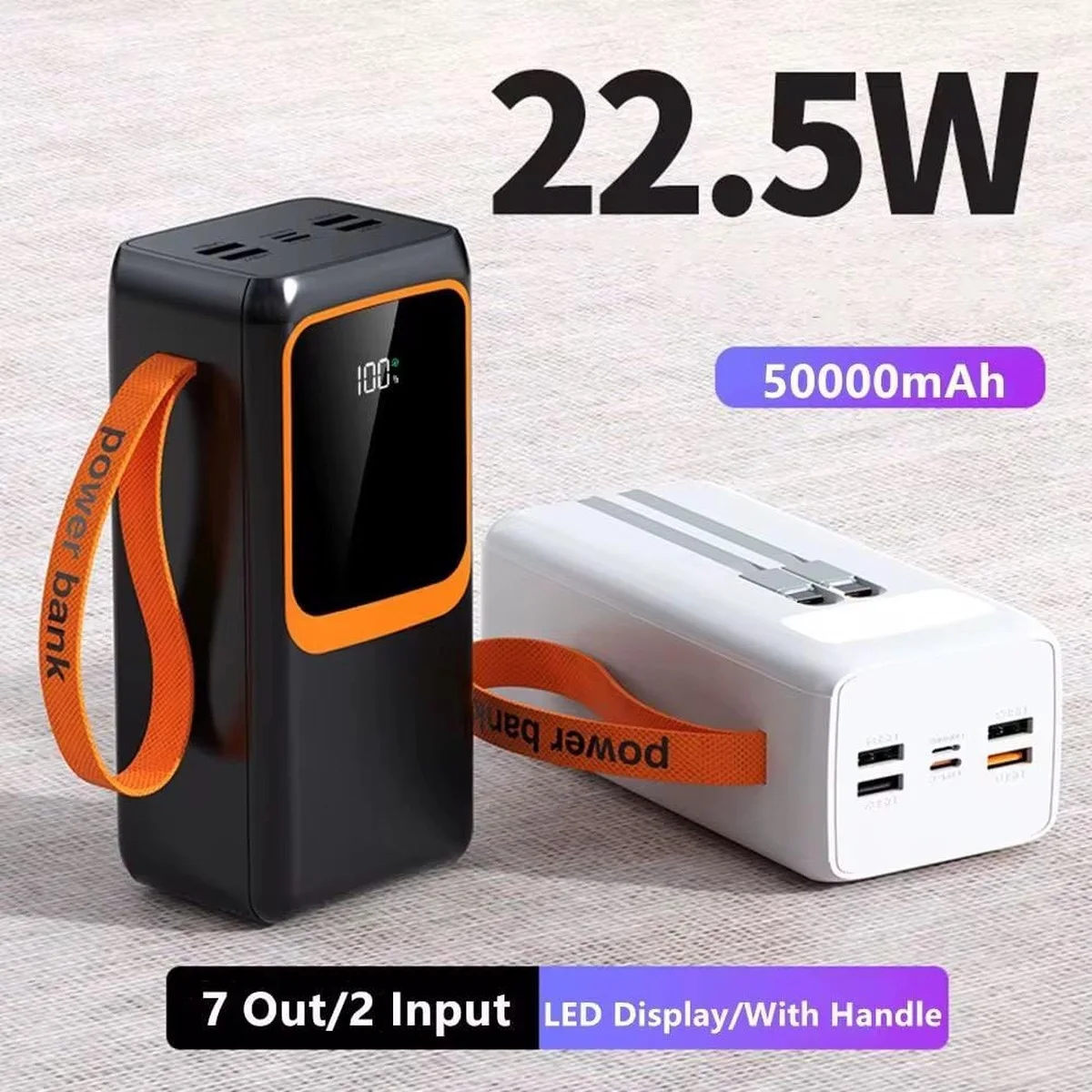 Batterie Externe 50 000 mAh — Charge Rapide 22,5W, Câbles Intégrés, Lampe LED, 7 Sorties & 3 Entrées, Idéale Voyage et Outdoor