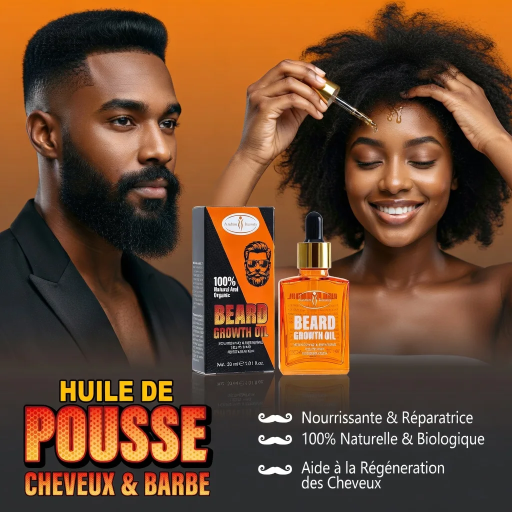 Huile de Croissance Barbe et Cheveux Aichun Beauty — Soin Bio contre la Calvitie et les Zones Clairsemées | Barbe Dense, Poils Régénérés | 30ml